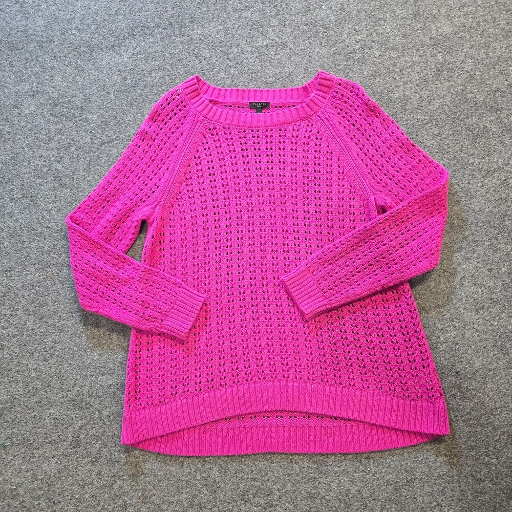 Talbots Sweater Women Large Petite Hot Pink Open Knit Long Sleeve Casual Capsule
